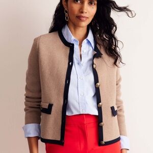 BODEN HOLLY KNITTED JACKET IN CAMEL/NAVY - NWT (SIZE 2)